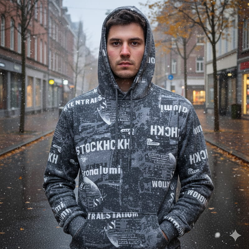 هودی طرحدار مردانه مشکی مدل stock