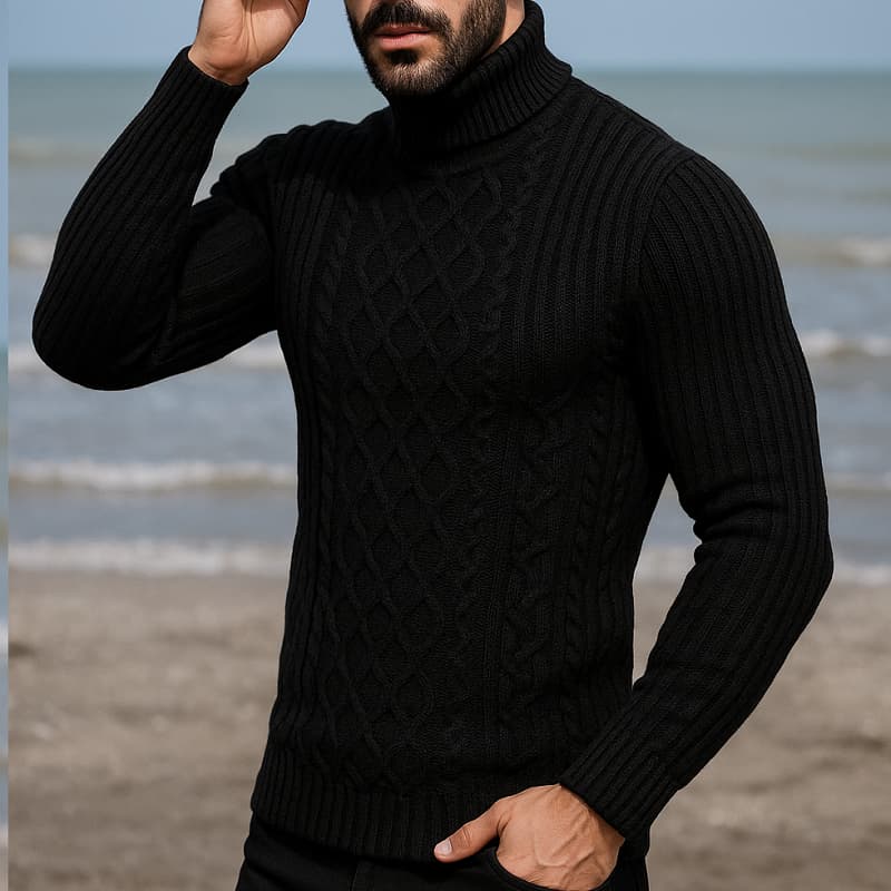 پلیوربافت مردانه مشکی یقه اسکی مدل Hakan